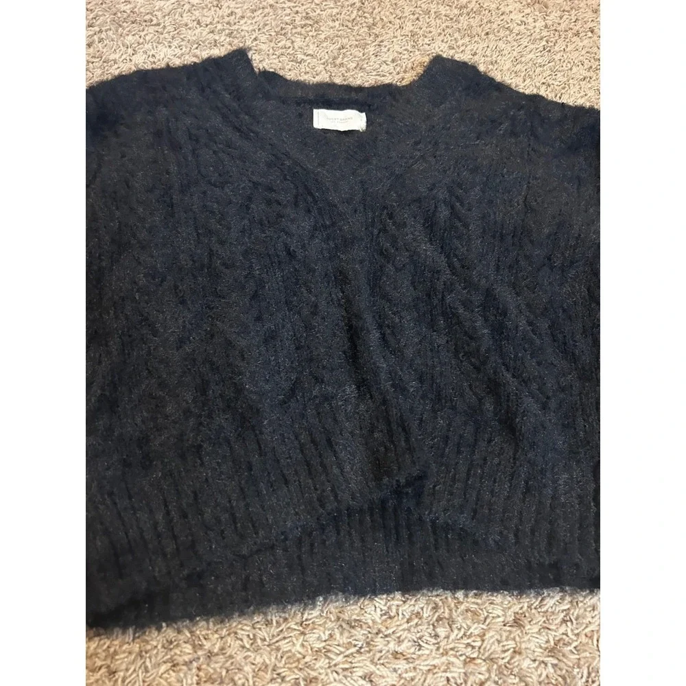 Lucky Brand Womens Black Fuzzy Cable Knit V-Neck Sweater‎ Size S